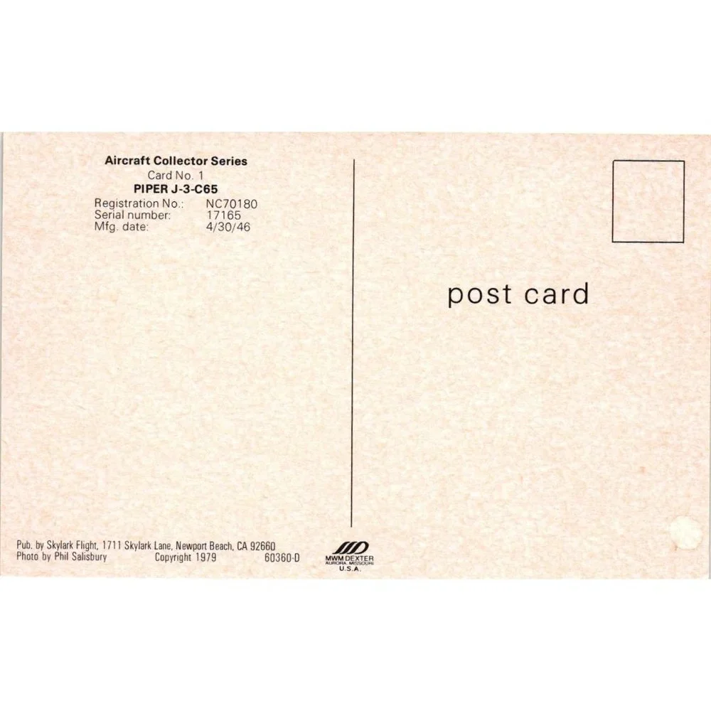 Aircraft Collectors Series Postcard Travel Souvenir Unposted Piper J 3 C56